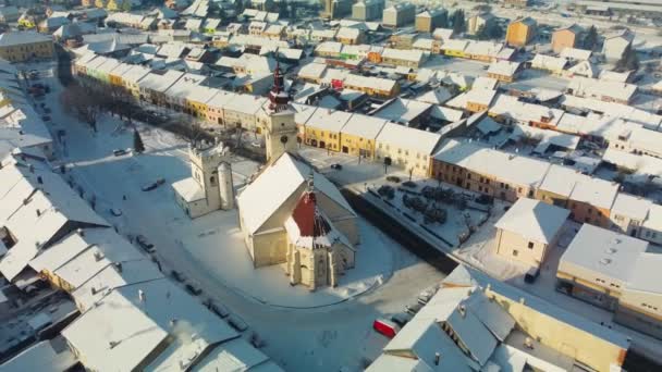 Luchtfoto Panorama Van Stad Podolinec Winter Slowakije Buurt Van Hoge — Stockvideo