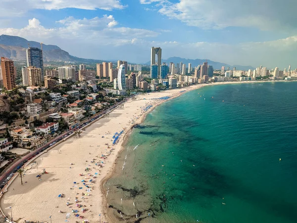 Flygfoto Över Den Populära Spanska Medelhavet Badorten Benidorm Med Höga — Stockfoto