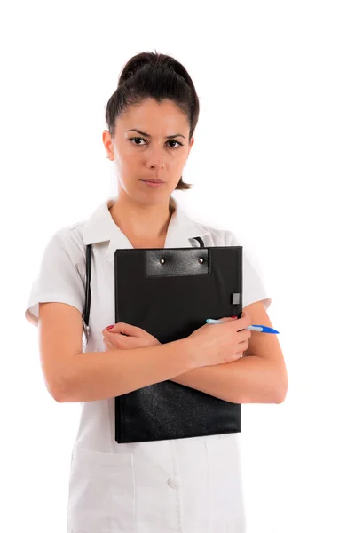 Woman doctor holding white file in shis hand, isolated on white — Stock Photo, Image