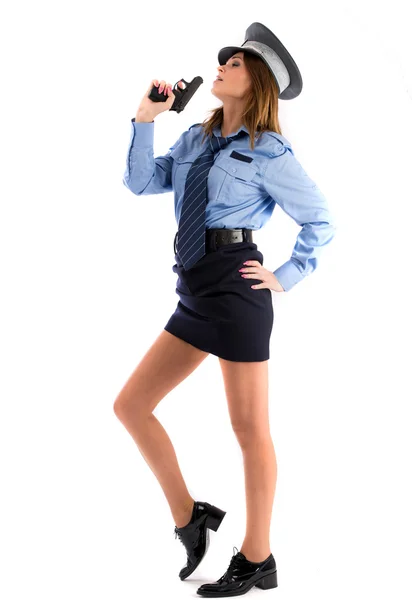 Lady cop posing with gun on white background — Stock Photo, Image