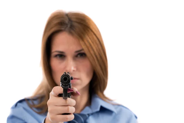 Lady cop posing with gun on white background — Stock Photo, Image