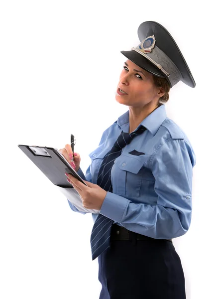 Dame cop schrijven een ticket op witte achtergrond geïsoleerd — Stockfoto