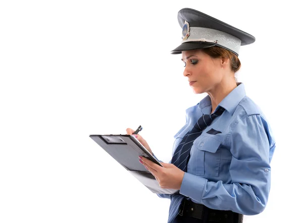 Lady cop write a ticket on white background isolated — Stock Photo, Image