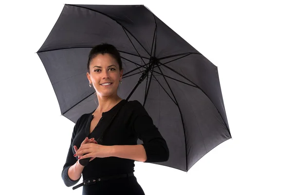 Schöne Frau mit schwarzem Regenschirm auf weißem Hintergrund — Stockfoto