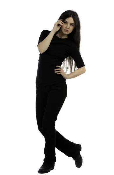 Beautiful brunette posing in studio on white background — Stock Photo, Image