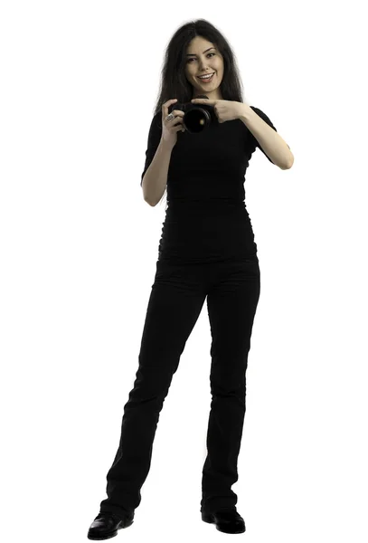 A menina bonita com a câmera, isolada em um backgrou branco — Fotografia de Stock
