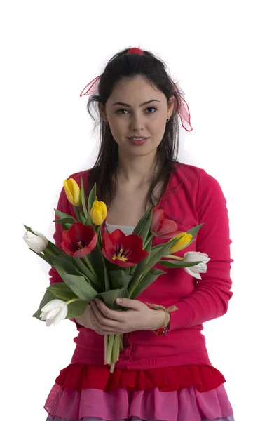 Schöne junge Mädchen mit einem Strauß Blumen, Frühling. Studio p — Stockfoto