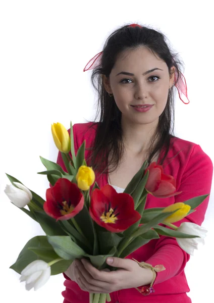 Beautiful young girl with a bouquet of flowers, Spring. studio p — Stock Photo, Image