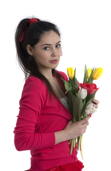 Beautiful young girl with a bouquet of flowers, Spring. studio p — Stock Photo, Image