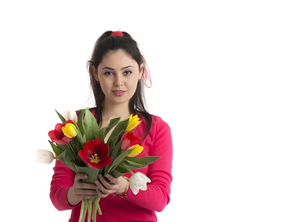 Hermosa joven con un ramo de flores, primavera. estudio p —  Fotos de Stock