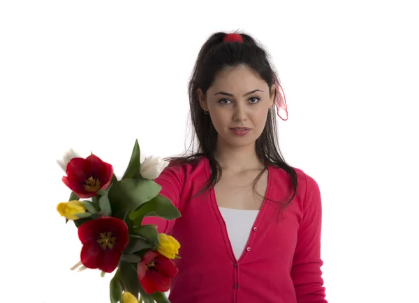 Menina bonita com um buquê de flores, Primavera. estúdio p — Fotografia de Stock