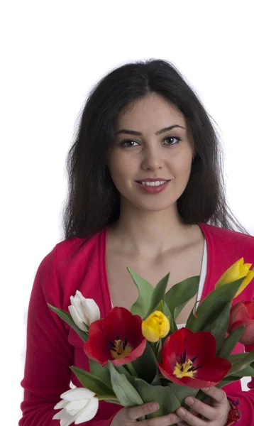 Beautiful young girl with a bouquet of flowers, Spring. studio p — Stock Photo, Image