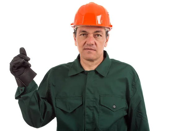 Portrait of a workman in overalls and helmet showing different g — Stock Photo, Image