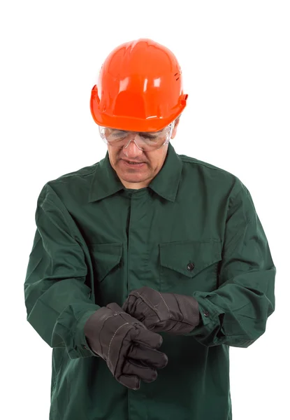 Worker in overalls and helmet ready for work — Stock Photo, Image