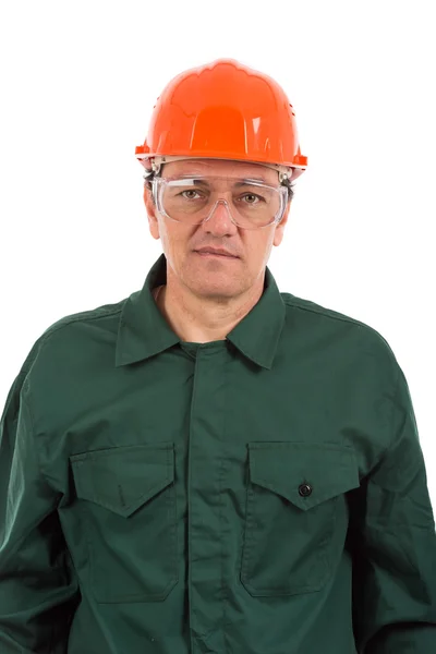 Portret robotnika w kombinezon i kask na białym tle na b biały — Zdjęcie stockowe