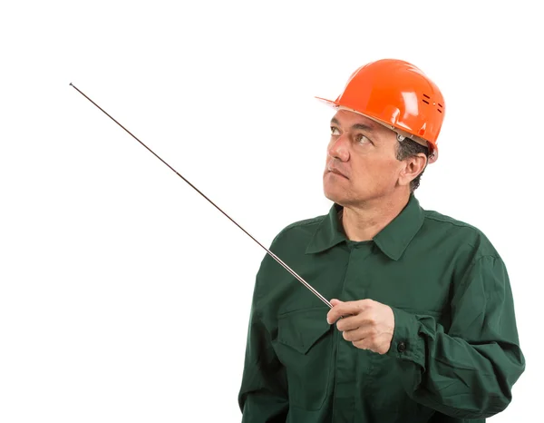 Portrait of a workman in overalls and helmet showing different g — Stock Photo, Image