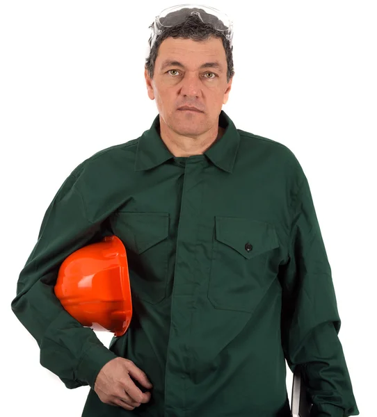 Portret van een arbeider in overall en helm geïsoleerd op witte b — Stockfoto
