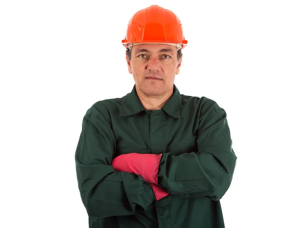 一位工人的工作服及白色 b 上孤立的头盔的肖像 — 图库照片