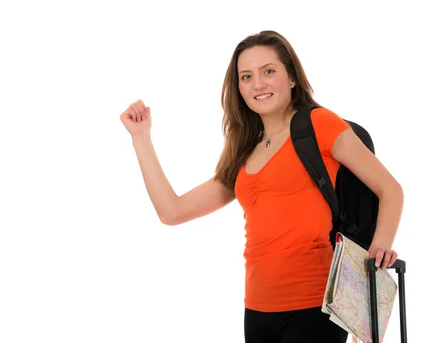 Une belle touriste femme avec des bagages isolés sur fond blanc — Photo