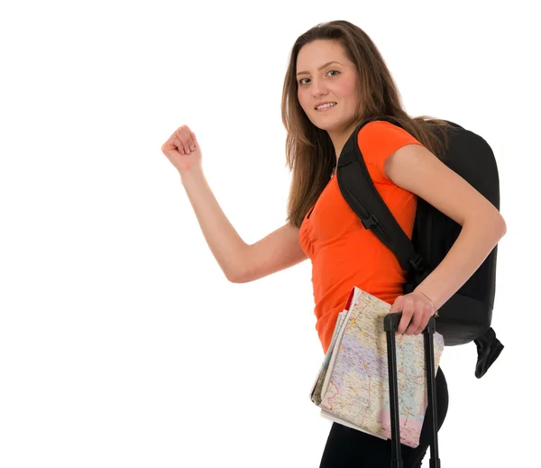 Une belle touriste femme avec des bagages isolés sur fond blanc — Photo