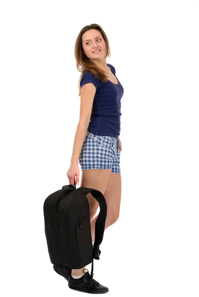 A beautiful woman tourist with luggage isolated on white backgro — Stock Photo, Image