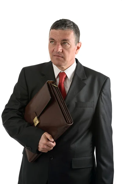 Oudere zakenman met werkmap geïsoleerd op witte achtergrond — Stockfoto