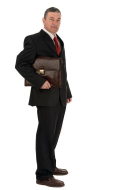 Beyaz arka plan üzerinde izole evrak çantası ile büyük iş adamı