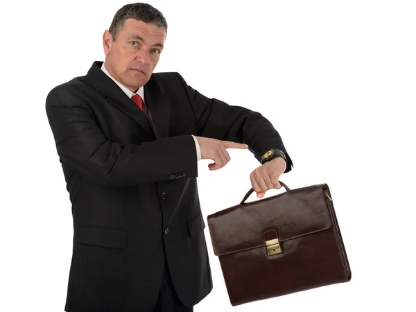 Uomo d'affari più anziano con valigetta isolata su sfondo bianco — Foto Stock