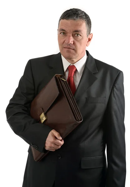 Older businessman with briefcase isolated on white background — Stock Photo, Image