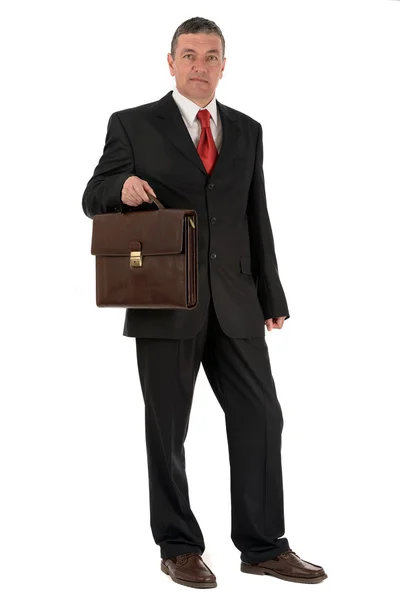 Older businessman with briefcase isolated on white background — Stock Photo, Image