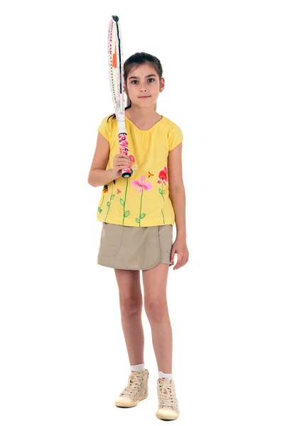 Little girl with plays tennis on a white background — Stock Photo, Image