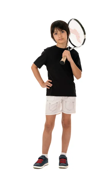 Portrait of a handsome boy with a tennis racket isolated on whit — Stock Photo, Image