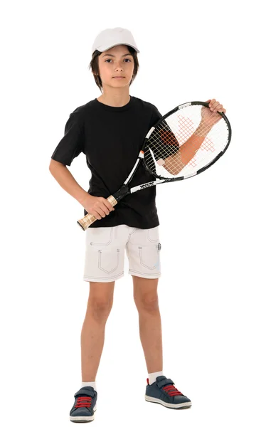 Portrait of a handsome boy with a tennis racket isolated on whit — Stock Photo, Image