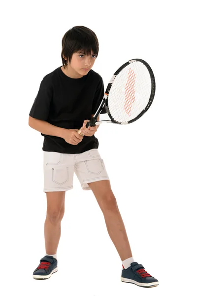 Retrato de um menino bonito com uma raquete de tênis isolado no whit — Fotografia de Stock