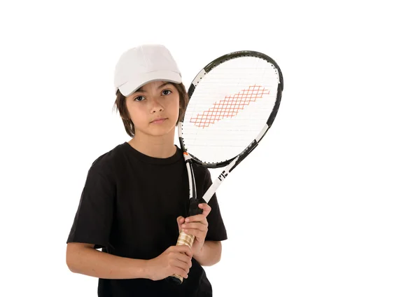 Portrait of a handsome boy with a tennis racket isolated on whit — Stock Photo, Image