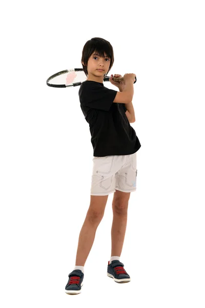 Portrait of a handsome boy with a tennis racket isolated on whit — Stock Photo, Image