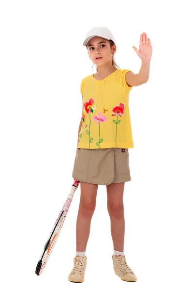 하얀 배경에 테니스치는 어린 소녀 — 스톡 사진