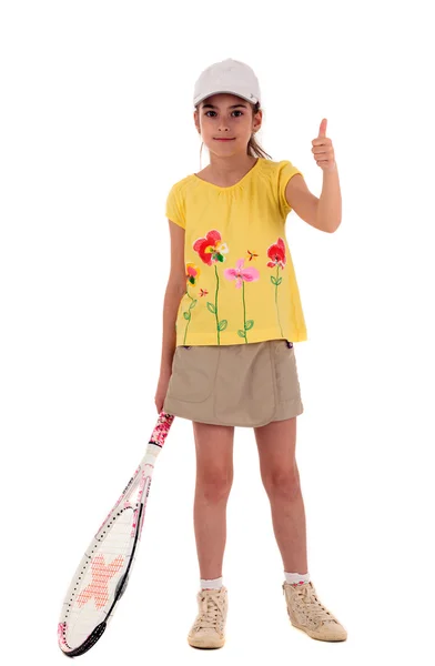 Niña con un gesto raqueta de tenis muestra bien en bac blanco — Foto de Stock