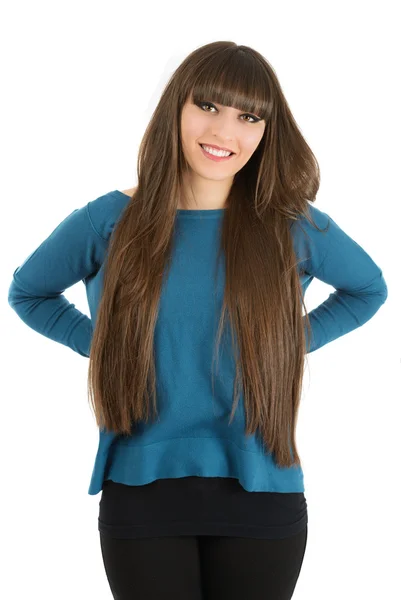 Retrato de mujer encantadora con el pelo largo sobre fondo blanco —  Fotos de Stock