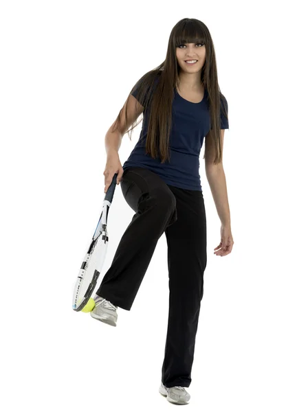 A pretty, athletic female tennis player isolated on a white back — Stock Photo, Image