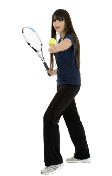 白背上孤立漂亮、 竞技女网球运动员 — 图库照片