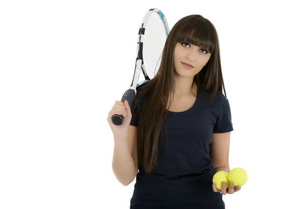 Una guapa y atlética jugadora de tenis aislada sobre una espalda blanca — Foto de Stock