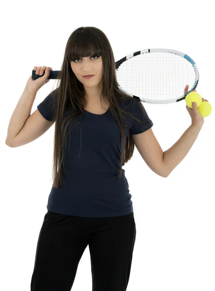 A pretty, athletic female tennis player isolated on a white back — Stock Photo, Image