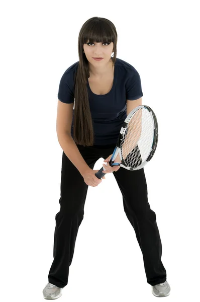 Une jolie joueuse de tennis sportive isolée sur un dos blanc — Photo