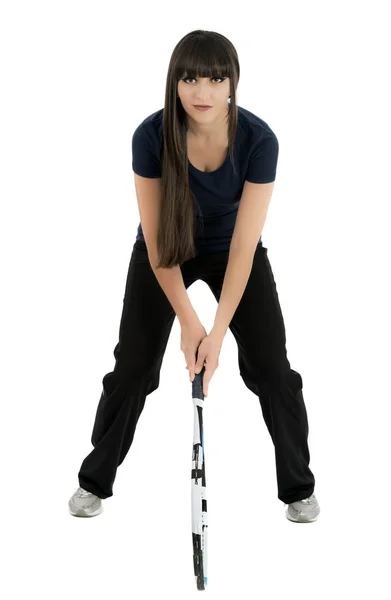 A pretty, athletic female tennis player isolated on a white back — Stock Photo, Image