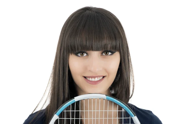 Ένα όμορφο, αθλητικό γυναικείο τένις παίκτης που απομονώνονται σε έναs άσπρο πλάτη — Φωτογραφία Αρχείου