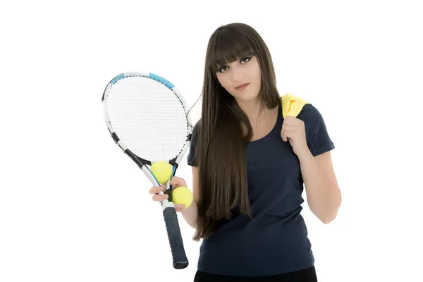 Ένα όμορφο, αθλητικό γυναικείο τένις παίκτης που απομονώνονται σε έναs άσπρο πλάτη — Φωτογραφία Αρχείου
