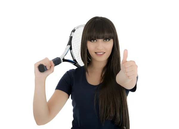 Female tennis player holding a racket and giving a thumb up isol — Stock Photo, Image