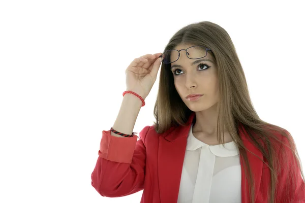 Retrato de mulher de negócios em terno vermelho isolado no backgrou branco — Fotografia de Stock