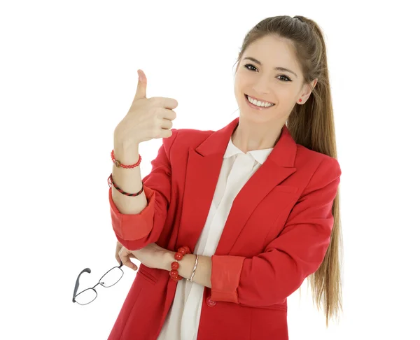 Retrato de mulher de negócios em terno vermelho isolado no backgrou branco — Fotografia de Stock